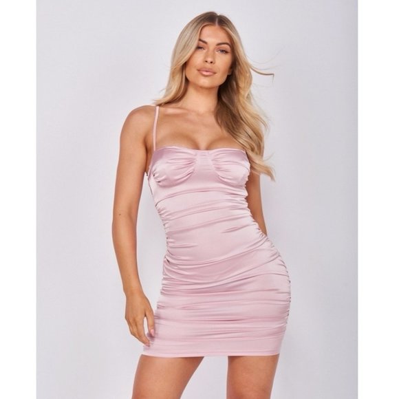Dresses & Skirts - Pink Satin Silk Sleeveless Bustier Ruched Bodycon Mini Dress